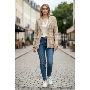 DONCASTER Womens Textured Tweed Blazer Jacket Fringe Trim Neutral Colors